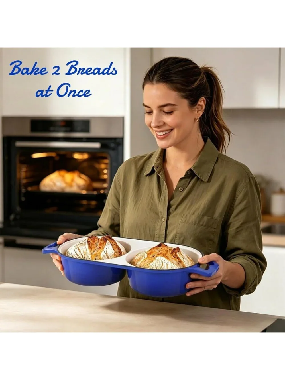 500°F Dark Blue Cast Iron Double Round Bread Loaf Pot with Lid Mini Dutch Oven